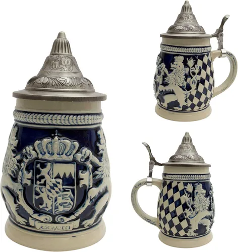 Vista 4 de 0,65 litros OktoberfestHaus Regalos alemanes para hombres pintados a mano Stein Bayern Escudo de armas con tapa de metal Jarras de Cerveza y Jarra