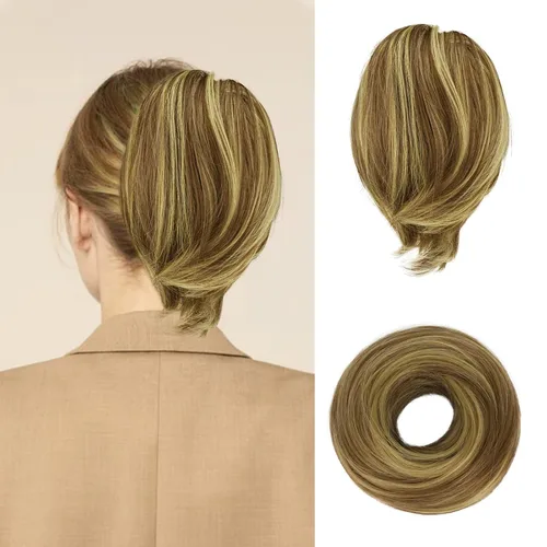 Vista 35 de BARSDAR Extensiones de Moño de Cabello Liso - Extensiones de Moño de Cola de Caballo Corta y Lisa para Mujeres, Coleteros de Moño de Cabello