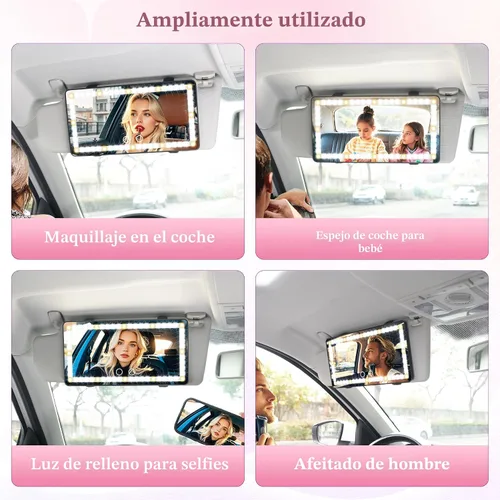 Vista 6 de Espejo de tocador con visera solar para automóvil, espejo de maquillaje recargable con 60 LED, 3 modos de luz y control táctil regulable