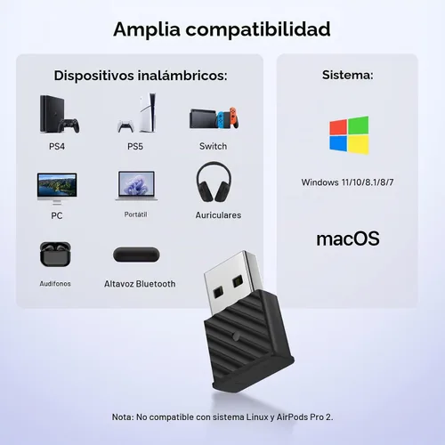 Vista 7 de Adaptador Bluetooth USB-C para PS5 - Transmisor inalámbrico Bluetooth 5.3 con APTX baja latencia y aptX adaptativo, Plug & Play