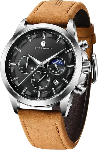 Vista 9 de SAPPHERO Relojes para hombre, cronógrafo, de acero inoxidable, impermeable, cuarzo, para negocios, casual, reloj de vestir para hombre, fecha Negro