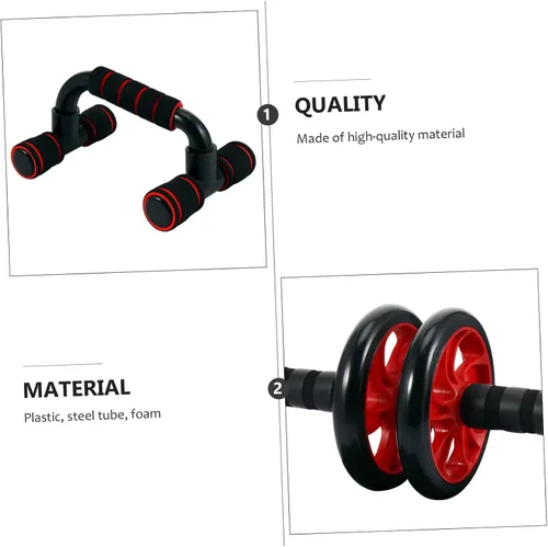 Vista 7 de Kit de rodillo de abdominales de doble rueda roja con barras de flexión, herramienta de agarre de cuerda elástica para fortalecer el núcleo