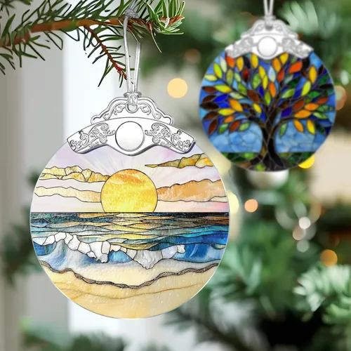 Vista 5 de Adorno de Vidrio Manchado de Puesta de Sol en la Playa, Adorno Navideño – Decoración de Árbol de Navidad, Decoración Festiva, Relleno de Calceti