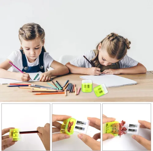 Vista 4 de Paquete de 12 sacapuntas manuales para la escuela, oficina, hogar, aula, lápices de colores con doble agujero, con tapa para niños, sacapuntas