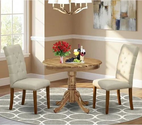 Vista 2 de East West Furniture ANEL3-ANA-05 Juego de mesa y sillas de cocina de 3 piezas contiene una mesa redonda de comedor con pedestal y 2 sillas Parsons