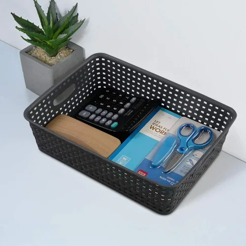 Vista 4 de Cesta de bandeja de papel de oficina, cesta de almacenamiento poco profunda de plástico, juego de 4, gris