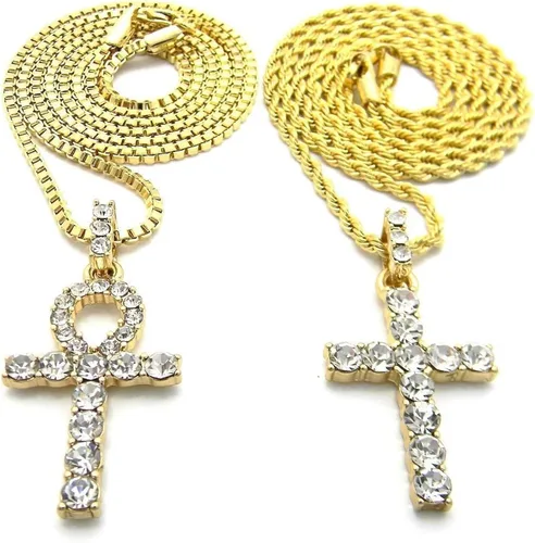 Vista 3 de Shiny Jewelers USA Juego de collar de cadena con forma de cruz de tobillo egipcia para hombre (llave de vida), Metal, Circonia cúbica