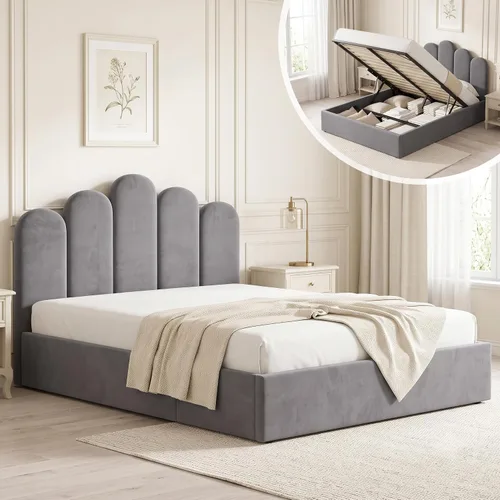 Vista 13 de Cama de almacenamiento de elevación completa, marco de cama de terciopelo con cabecero, color crema