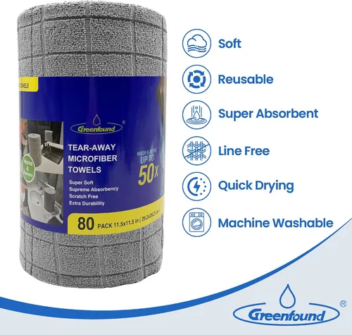 Vista 3 de Greenfound Rollo de paños de limpieza de microfibra - Paquete de 80 unidades, toallas desprendibles para el coche, toallas de papel reutilizables