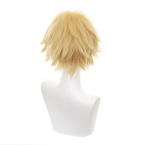 Vista 2 de Peluca de cosplay de anime para hombre de motosierra, peluca de cosplay Denji, pelucas cortas rizadas amarillas para hombres + gorra de peluca gratis