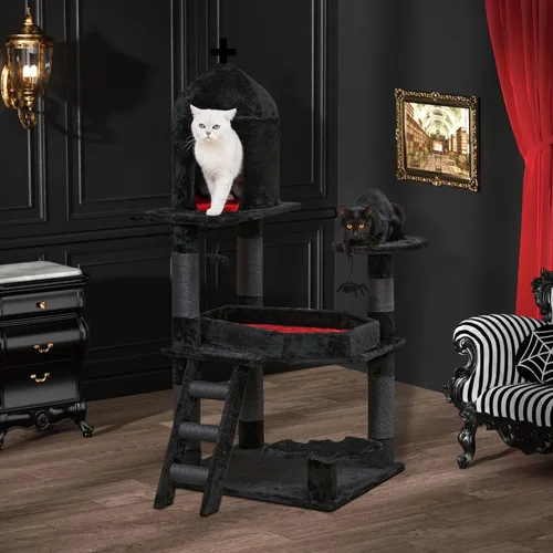 Vista 2 de YARUOMY - Árbol gótico para gatos con cama de ataúd, torre para gatos de 55" con amplio condominio para gatos, postes para rascar, bola colgante