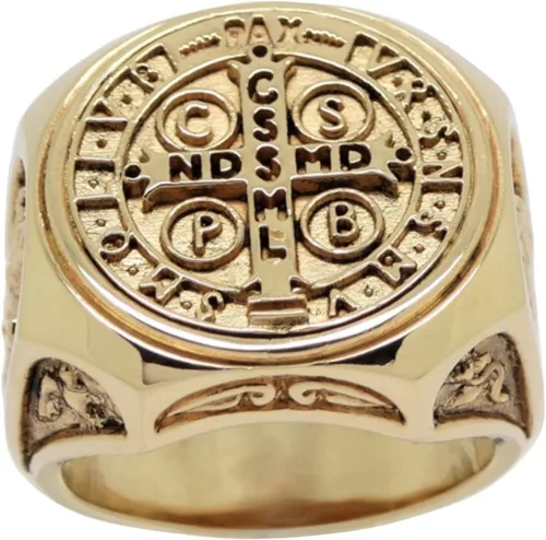 Vista 9 de Anillo de hombre San Benito de Oro Sólido Cristiano Católico