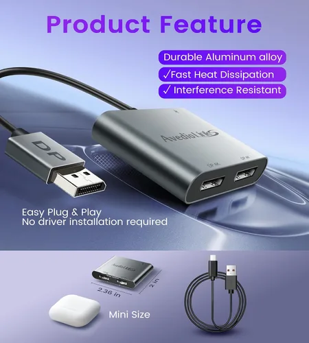 Vista 6 de Adaptador divisor Displayport a Dual Displayport 4K @60Hz, adaptador divisor DP 1.4 1 en 2 salidas SST/MST pantalla extendida compatible con PC