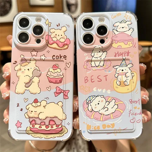 Vista 2 de Roemary Funda de cachorro para iPhone 13 con tarjetero, funda de pastel para niñas y mujeres Cachorro de pastel beige