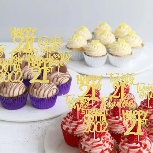 Vista 6 de Paquete de 24 adornos para cupcakes con purpurina de 21 años de 2002, decoraciones para pasteles de cumpleaños de 21 años, suministros de fiesta