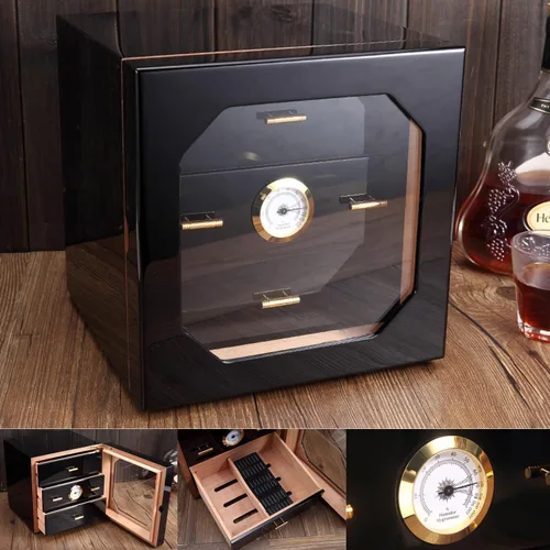 Vista 2 de Humidor de cigarros higrómetro montado en la parte delantera Caja de almacenamiento y humidificador forrado de cedro, acabado de revestimiento negro