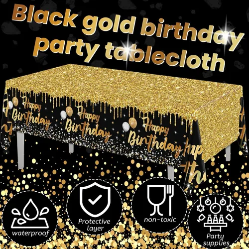 Vista 6 de Paquete de 3 Manteles de Feliz Cumpleaños Manteles Negros y Dorados Cubierta de Mesa de Plástico Mantel Rectangular de Cumpleaños para Mujeres