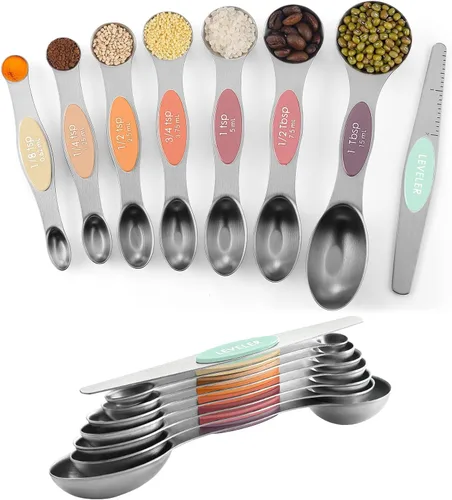 Vista 12 de ChefAide Paquete de 8 Cucharas Medidoras Magnéticas de Acero Inoxidable, de Doble Cara, Apilables, Cucharadita y Cucharada Medidoras Ajustables