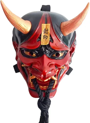 Vista 11 de HTLNUZD Máscara completa de látex de Halloween, máscara de cosplay japonesa para PrajnaHeadgear Samurai Evil KabukiHannya Party Mask Decora Negro