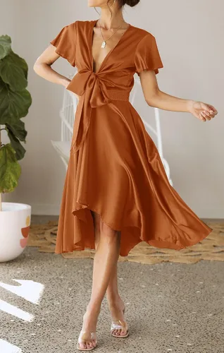 Vista 7 de ZESICA Vestido de fiesta de cóctel para mujer, sexy, de satén, cuello en V, manga corta, con volantes en la parte delantera, acampanado, con vuelo