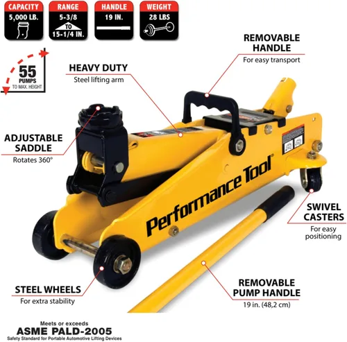 Vista 2 de Performance Tool W1640 gato de garaje de 2-1/2 toneladas, (5,000 lbs.) elevación de 5-15.5 pulgadas, ruedas giratorias, para autos/camiones