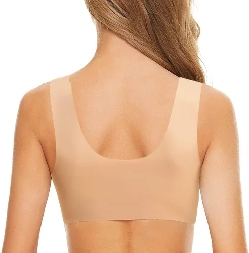 Vista 4 de Sujetadores para mujer, cómodo brasier de corsé con hebilla frontal cruzada lateral, brasier de encaje acolchado, sin varillas, cobertura completa