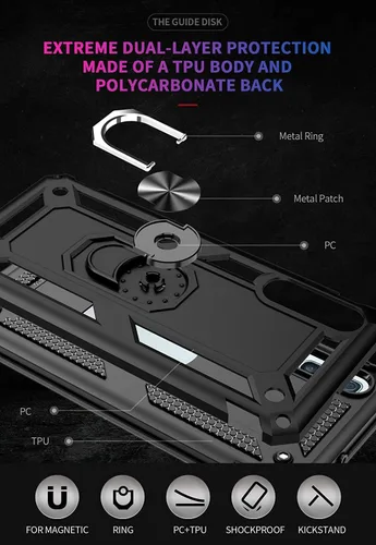 Vista 6 de TJS Funda compatible con Samsung Galaxy A50 2019, con protector de pantalla de vidrio templado, anillo de metal, soporte magnético, resistente Negro