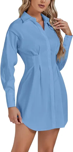 Vista 4 de LYANER Minivestido camisero acampanado de manga larga plisada con botones y cuello para mujer