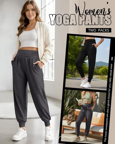Vista 6 de Paquete de 2 pantalones deportivos de yoga para mujer, cómodos pantalones deportivos con bolsillos, casuales, holgados, cómodos y de cintura alta