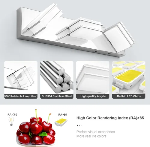 Vista 5 de 3 lámparas de baño regulables de temperatura de color para sobre espejo, lámparas de tocador LED cromadas de 3 luces, lámparas de tocador de baño