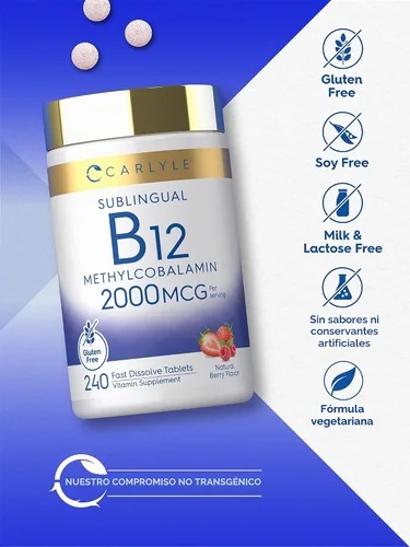 Vista 5 de Carlyle B12 Vitamina 2000 mcg 240 tabletas de disolución rápida Metilcobalamina sublingual Sabor a bayas Suplemento vegetariano, sin OMG