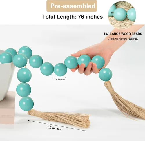 Vista 25 de OMISHE Guirnalda de cuentas de madera extra grande con cuentas de madera y borlas de 1.6 pulgadas de diámetro, cuentas decorativas rústicas de 41