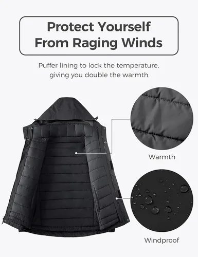 Vista 4 de Wantdo - Chamarra impermeable de esquí 3 en 1 para hombre, abrigo acolchonado para nieve