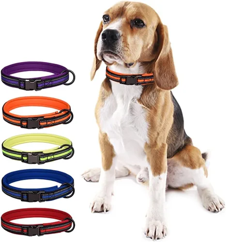 Vista 6 de Collar de nailon reflectante para perro con hebilla de seguridad, collares ajustables para mascotas, cómodo collar de perro acolchado de neopreno