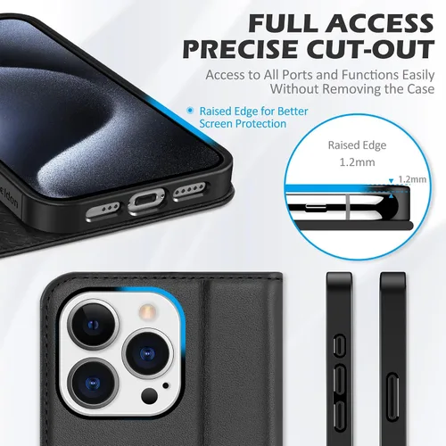 Vista 7 de SHIELDON - Funda tipo cartera de piel auténtica para iPhone 15 Pro de 6.1 pulgadas 2023, color negro Magnetic Closure, RFID Blocking, Credit Card