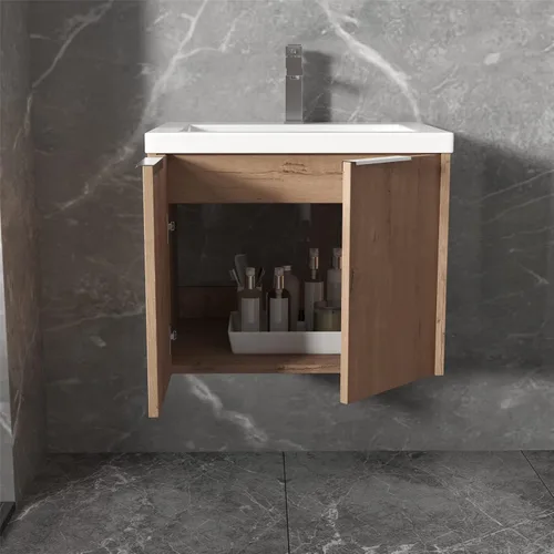 Vista 5 de SSLine Juego de tocador de baño montado en la pared con lavabo moderno de 24 pulgadas con lavabo superior y armario de almacenamiento, armario