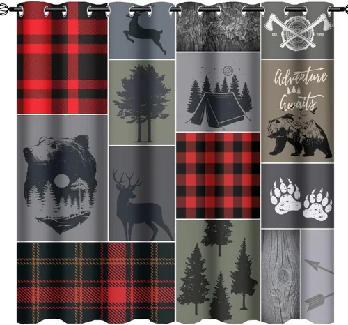 Vista 60 de Cortinas opacas rústicas de cabaña con osos y ciervos - Juego de cortinas de ventana con ojales de temática de granja abstracta, caza, animal