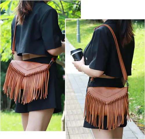 Vista 6 de Bolso Hobo con flecos para mujer, bolso de hombro con borla vintage, bolsos negros con borlas