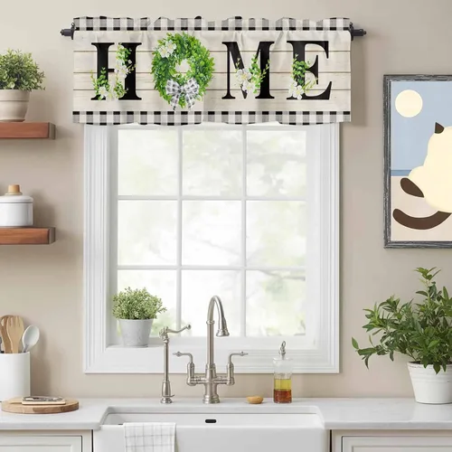 Vista 19 de Cenefa de amarre de corona verde de verano para ventanas, cenefas de cortina con bolsillo para barra, cenefa ajustable de madera retro para cocina