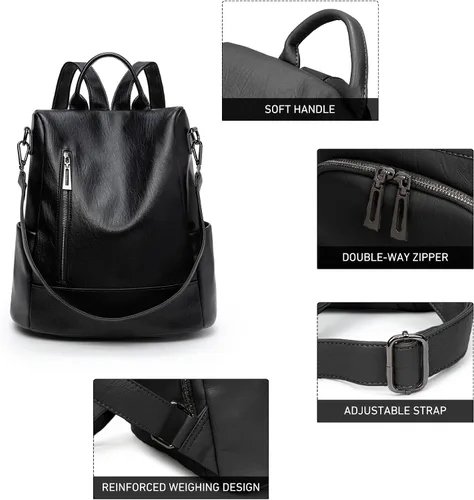 Vista 5 de Mochila de moda para mujer, mochila antirrobo de piel sintética, ligera, resistente al agua, color negro
