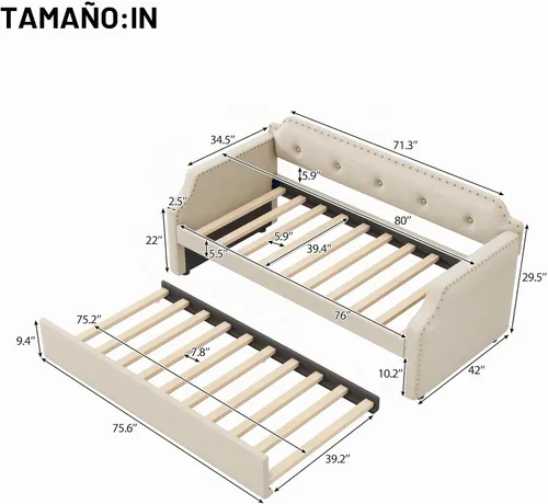 Vista 2 de Sofá cama tamaño individual con trundle, marco de sofá cama individual tapizado, sofá cama para dormitorio y sala de estar, beige