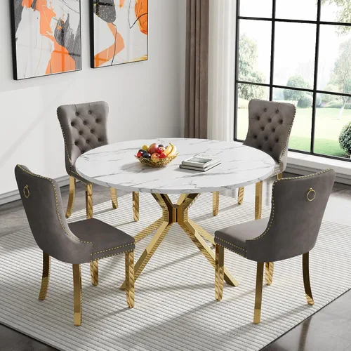 Vista 44 de Juego de 5 mesas de comedor, juego de mesa de cocina y comedor para 4, mesa de cocina rectangular de mármol sintético blanco de 47 pulgadas con base