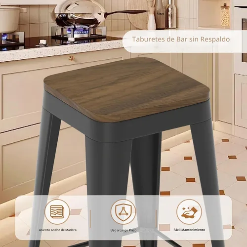 Vista 4 de Juego de 4 taburetes de bar sin respaldo de 24 pulgadas, taburetes de bar de metal para interiores con asiento de madera, taburetes de bar Negro