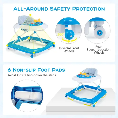 Vista 5 de BABY JOY Andador de bebé, caminador de actividad plegable 4 en 1 con altura ajustable, música, luces, caminador de empuje antivuelco para niños