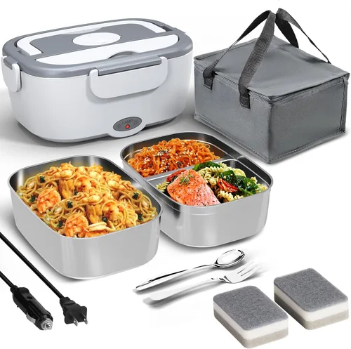 Vista 12 de Sitlais Lonchera eléctrica para adultos, calentador de alimentos portátil de calentamiento rápido con 2 recipientes de acero inoxidable 304 de 53