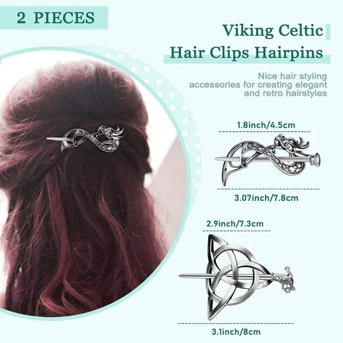Vista 2 de WILLBOND 2 piezas de accesorios vikingos para el cabello, pinzas para el cabello, nudo celta, horquilla triangular, dijes minimalistas