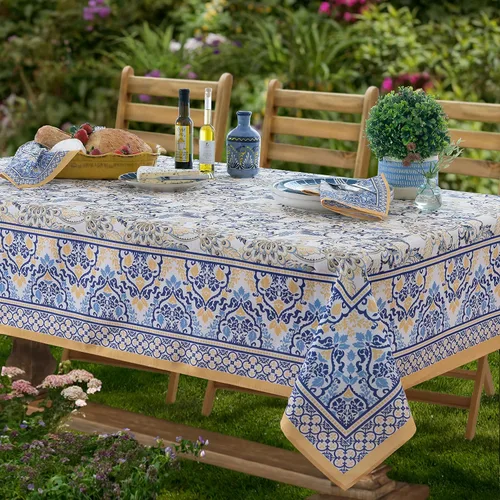 Vista 9 de Home Bargains Plus Servilletas rectangulares de tela, juego de 8 servilletas, estampado floral amarillo y azul, servilletas resistentes al agua y a