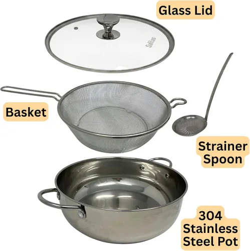 Vista 2 de Saltlas Olla de Freidora Profunda de 4.4Qt/4.2L con Cesta y Cucharón Colador, Olla de Acero Inoxidable 304 para Freír Pescado, Mariscos, Pollo