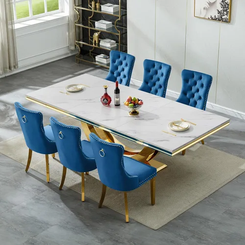 Vista 14 de SSLine Juego de mesa de comedor de mármol sintético blanco de 68 pulgadas