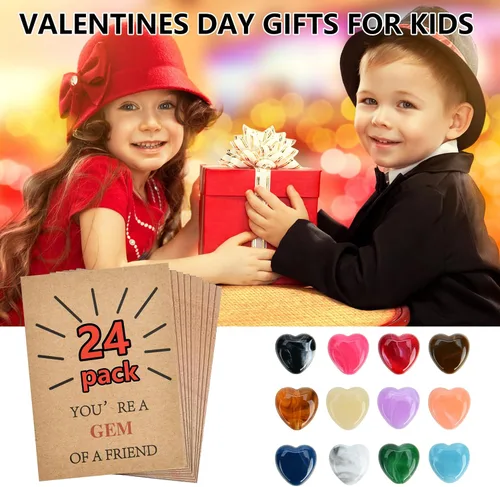 Vista 6 de Paquete de 24 tarjetas de San Valentín con gemas para el día de San Valentín, tarjetas con piedra de cristal en forma de corazón, divertida tarjeta